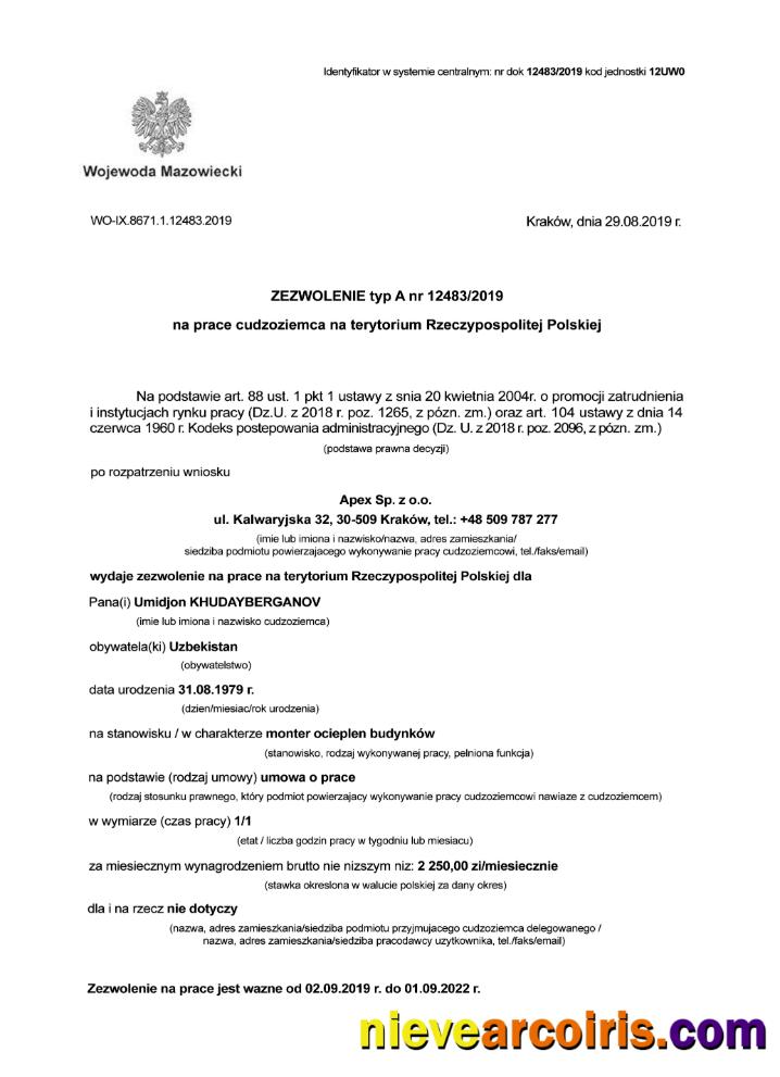Poland foreigner work certificate page 1